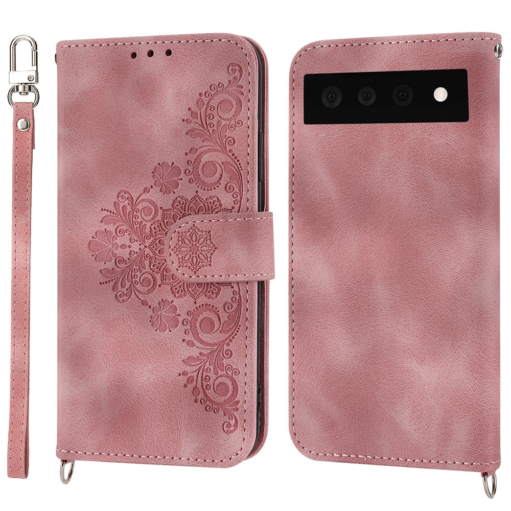 Phone Wallet Case for Google Pixel 7a Skin-touch Imprinted Flowers Leather Stand Phone Cover with Wrist Strap and Shoulder Strap Phone Wallet Case for Google Pixel 7a Skin-touch Imprinted Flowers Leather Stand Phone Cover with Wrist Strap and Shoulder Strap